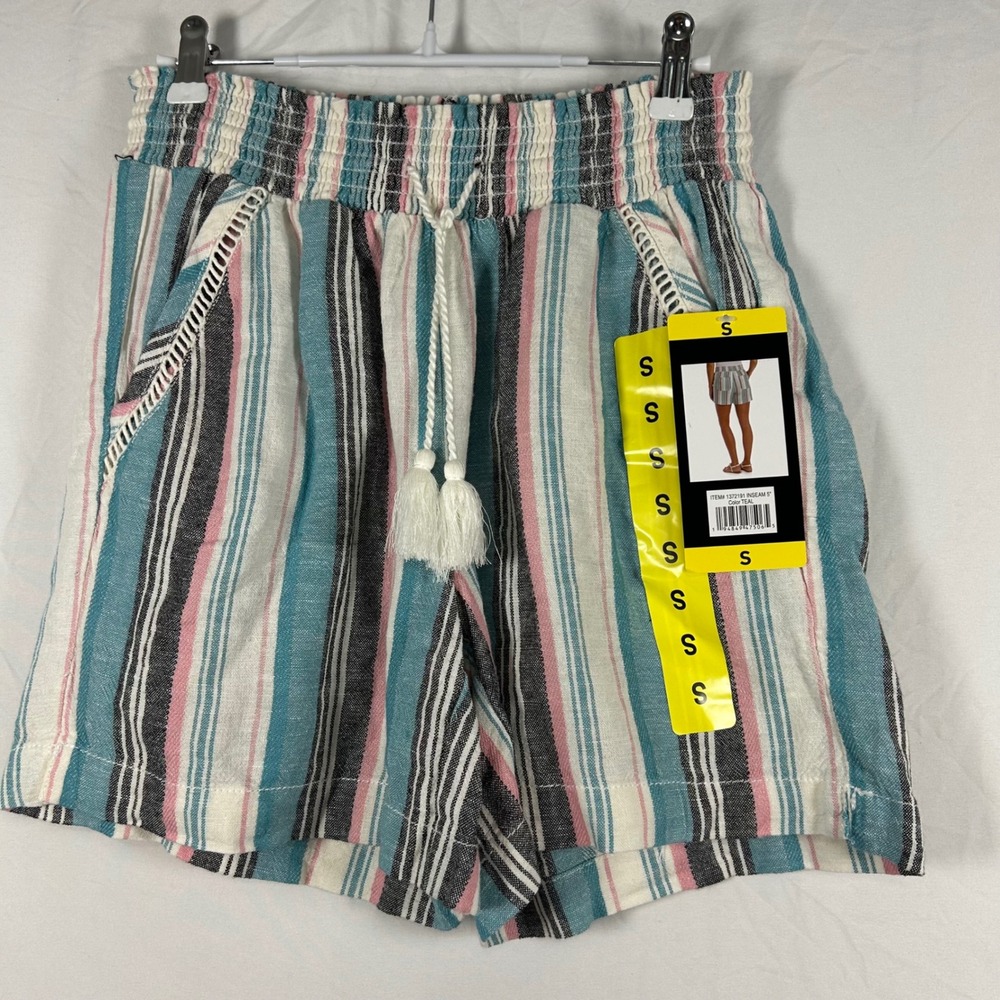 Briggs Striped Shorts Women Size S Teal Pink NWT Linen Blend Tassel Boho